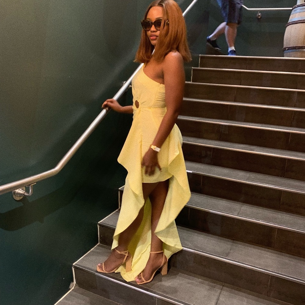 Light yellow one arms , ruffles , high low maxi dress